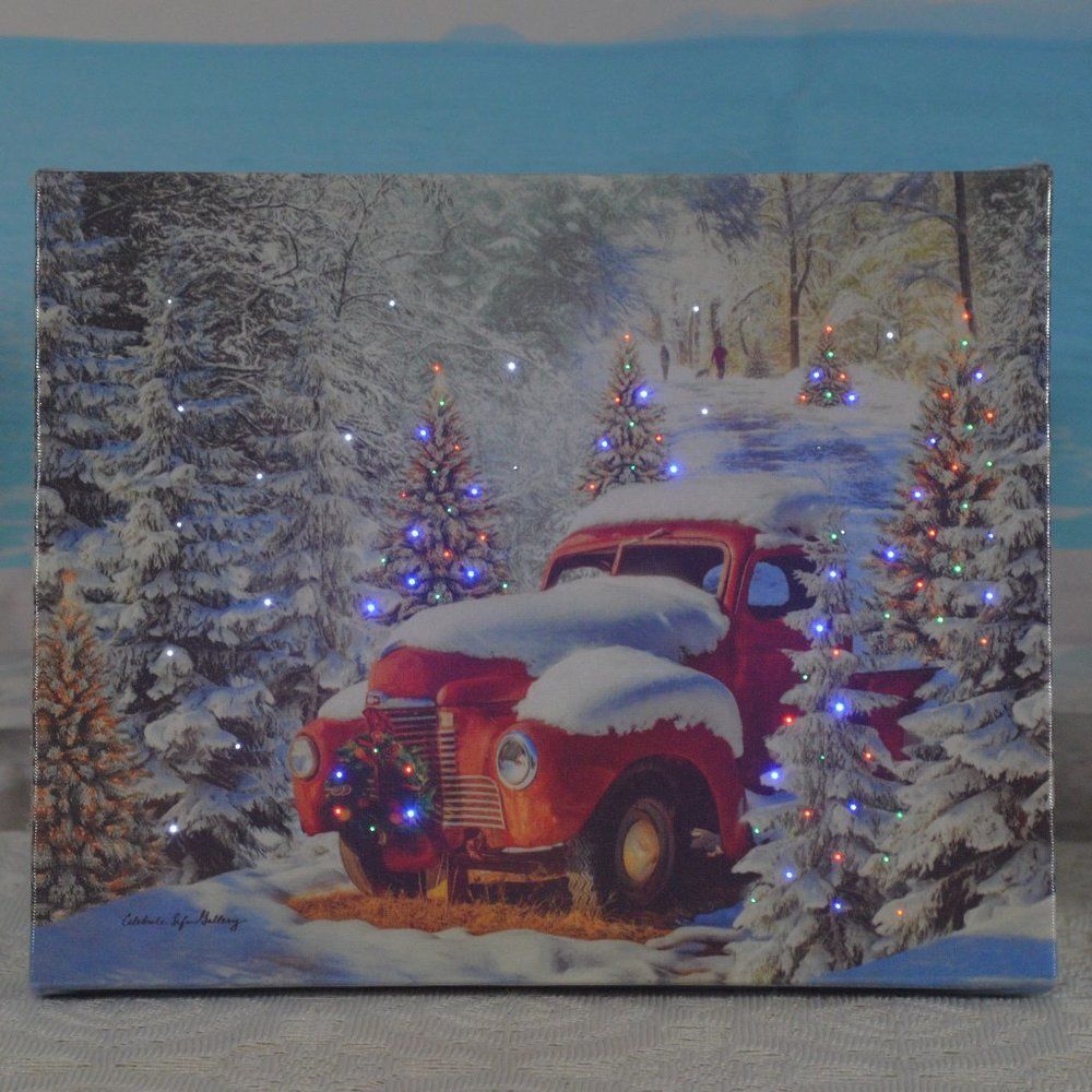 Red Truck Canvas with Snow and Twinkling Lights New (See Video)